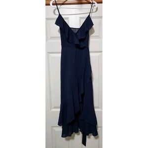 Shein Lune Ruffle Trim Wrap Hem Belted Cami Dress Medium Navy Blue
